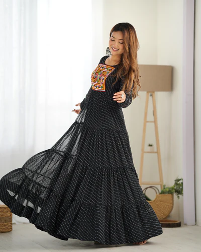 black vibrant laheriya anarkali gown